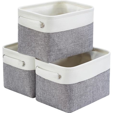 Petite Panier de Rangement Lot de 3, boites de Rangement en Tissu avec Poignée pour Étagères, Placard, Jouets (Pliable, Gris Blanc) (1/5)