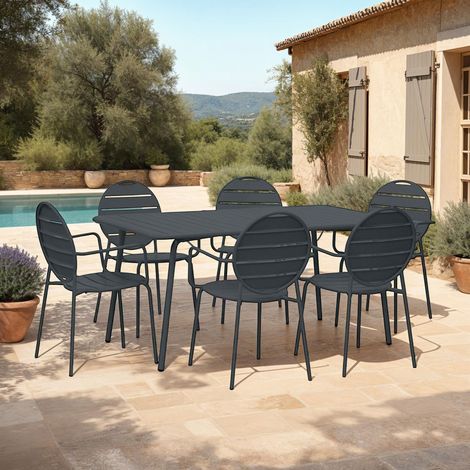 Ensemble table + 6 fauteuils ronds en métal gris - BACA