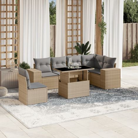 Set sofás de jardín 7 piezas y cojines ratán sintético beige vidaXL (1/5)