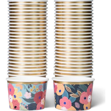 Lot de 50 Pots Glace 266 ml et Coupelles Jetables – Bols en Papier avec Motif Floral et Bord Doré – Pot à Glace Jetable, Coupelle Jetable Chaud/Froid pour Fêtes, Mariages, Desserts et Soupes (1/5)