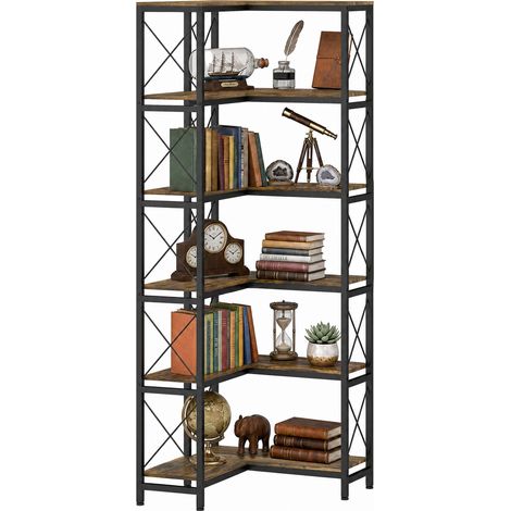 Homcom – Étagère d'angle 6 niveaux – Structure métal et panneaux de particules – Charge max 70 kg – Dimensions 60x60x200 cm – Finition bois brun rustique
