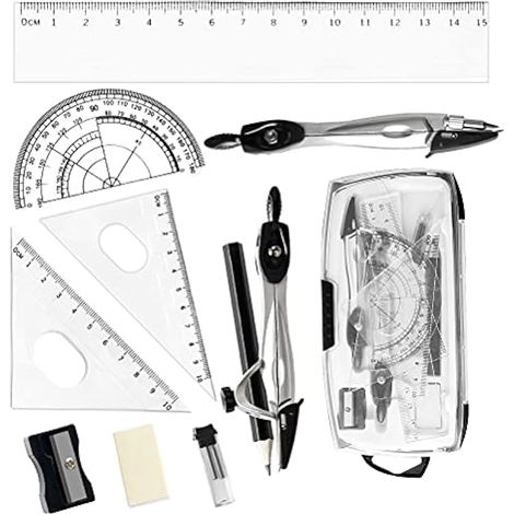 Lot de 10 pièces de géométrie, fournitures scolaires - Compas, rapporteur, règle, gomme, mines, crayon et taille-crayon, étui transparent (1/5)