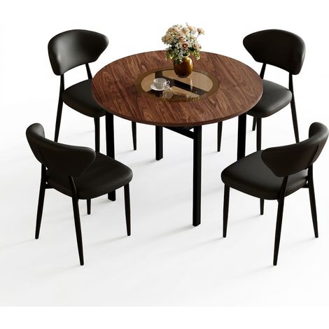 Ensemble table ronde noire avec 4 chaises, table à manger diamètre 100 cm, plateau effet bois et assises rembourrées en PU (1/5)