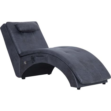 Méridienne chaise longue pour intérieur fonction massage avec oreiller en PVC aspect daim gris DEC026133