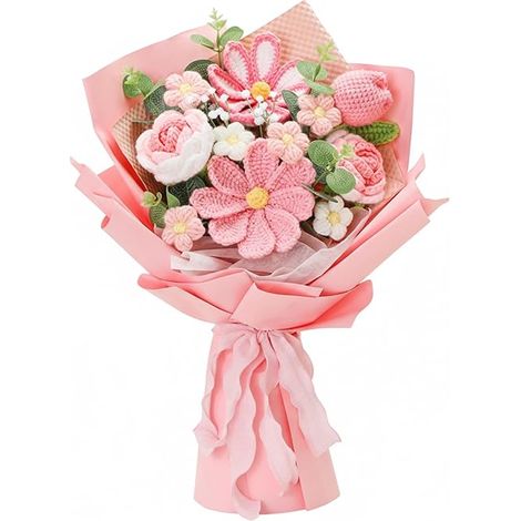 Bouquet all'uncinetto, fiori rosa lavorati a maglia a mano, tulipani all'uncinetto, regali per anniversari, regali di compleanno, regali di laurea, regali di San Valentino. (1/4)
