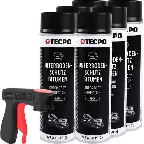 TECPO Unterbodenschutz Bitumen 6x 500ml schwarz Steinschlagschutz UBS Versieglung Spray Schutz vor Steinschlag, Rost, Chemikalien mit Anti-Dröhn-Wirkung+ Pistolengriff