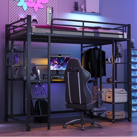 Cama alta individual (204x95x180 cm), con escritorio, estanterías y armario, metal, negro (1/5)