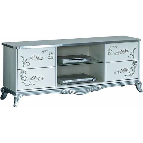Meuble TV 4 tiroirs 2 niches bois laqué blanc et argent Dannie (1/2)