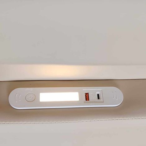Lit enfant 90x200 cm avec veilleuse et port USB, rangements latéraux, barrières de sécurité surélevées, sommier simple garçon fille, tissu simili cuir beige (1/5)
