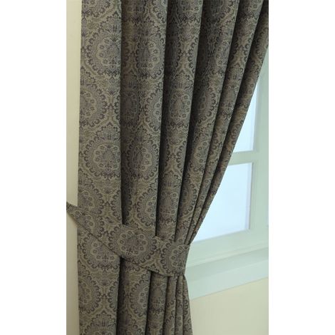 HOMESCAPES Grey Damask Jacquard Curtain Tie Back Pair