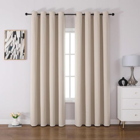 Beige blackout and thermal curtains (2 pieces) for the living room, thermal and anti-heat insulation, with eyelets, light insulation and UV protection. (1/5)