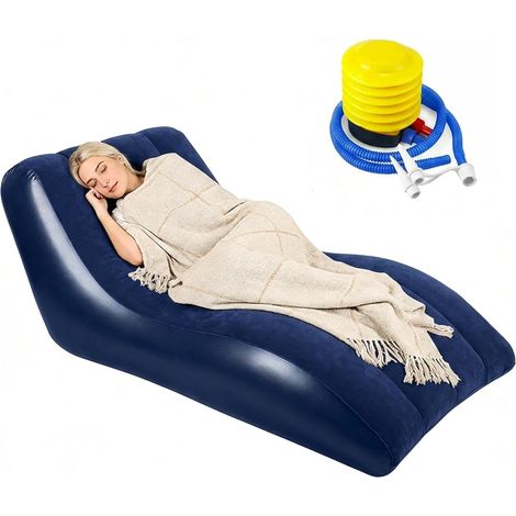 Sofa gonflable avec surface en velours, 155 x 86 cm, canapé gonflable comprend une pompe à air, canapé portable et confortable pour le salon, le camping, le jardin, la plage, le jardin arrière, bleu (1/5)