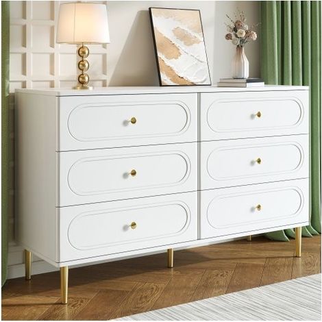 Buffet 120x40x75cm blanc 6 grands tiroirs de rangement - Buffet salon - Design ovale élégant, pieds en métal solides, entretien aisé (1/5)