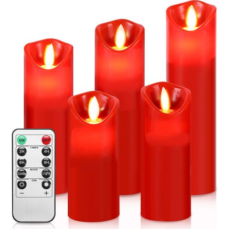 Jiubiaz LED Kerzen 5er Set Echtwachs Flackernd Flammenlose mit Fernbedienung Timer Funktion & mehrstufig dimmbar bewegliche Flamme Echtwachskerzen Rot