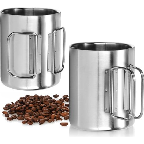 2 mugs café inox 350 ml chacun, gobelets isothermes acier inoxydable 304 avec poignée rabattable, double paroi isolante, sans BPA (couleur argent - 350 ml - 2 pièces) (1/5)