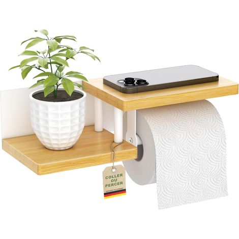 1 Porte Papier Toilette Mural, Bambou Sans Perçage, Étagères Intégrées, Résistant Eau, Salle De Bain