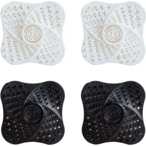 Bouchons de siphon sol anti-odeurs en silicone blanc/noir – Lot de 4 avec filtres cheveux pour douche et évier (1/5)