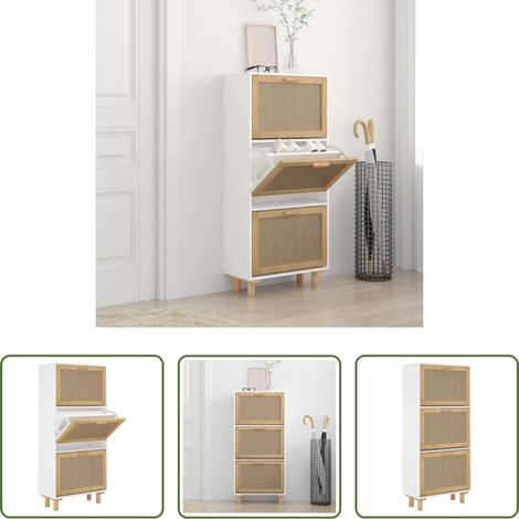 Holzschrank - Schuhschrank Weiß 52x25x115 cm Holzwerkstoff & Rattan Natur (1/5)