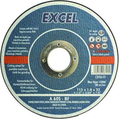 Dischi da taglio sottile centro piano per ferro/inox Ø mm.115 - Specifiche: Ø mm 115x1,6 foro 22,2 da taglio per ferro/inox - 25 pz