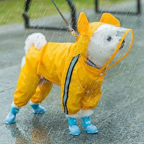 Imperméable chien mignon, poncho pluie avec capuche transparente, liseré réfléchissant nuit, veste imperméable double couche, forme ours, taille M jaune (1/5)
