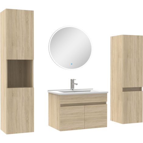 Ocean meuble Salle de Bain Chêne Wotan 60cm simple vasque + colonne + miroir rond LED (1/5)