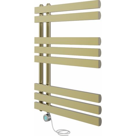 Electric Bathroom Prefilled D-shape Heated Towel Rail Radiator Thermostatic Heating Rads 800x600mm Brushed Brass (1/5)