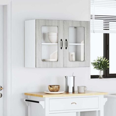 Meuble mural de cuisine avec porte en verre, finition gris Sonoma, style industriel, rangement suspendu pour ustensiles et vaisselle (1/5)