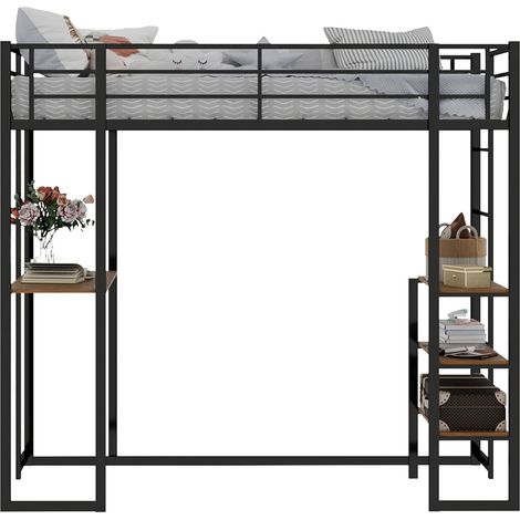 Lit mezzanine en fer noir 90 x 190 cm avec bureau, échelle et rangements (1/5)