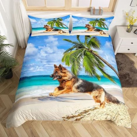 Housse de Couette 220x240 + 2 x Taie d\'Oreiller 65x65cm-Imprimée Microfibre Parure de Lit Adulte -chien animal de plage (1/4)