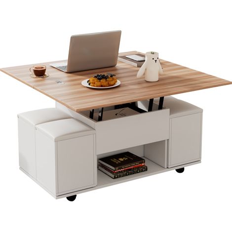 CHICFURN Table basse relevable 3 en 1 avec rangement, 4 tabourets intégrés, plateau extensible, roulettes et finition blanc pur et bois clair pour salon moderne (1/5)