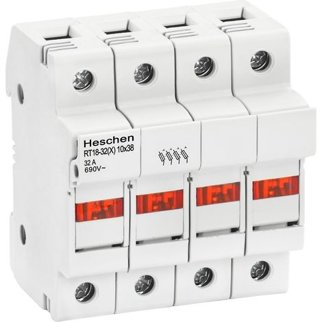 Heschen Cylindrical Fuse Holder Base RT18-32(X) 32A AC690V, 4P, DIN Mounting Rail for RT18 RO15 10x38mm Fuse (1/5)