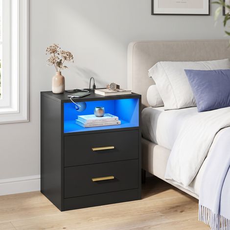 Table de Chevet avec Prise Intégrée et LED, 2 Tiroirs, 40,1 x 30 x 50,2 cm, Noir (1/5)