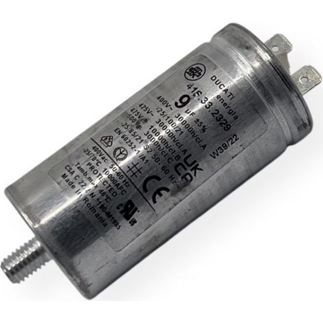 Ducati Energia – Condensateur permanent aluminium 9µF – Cosses faston simple 6.3mm – Ø35x72mm – Durée de vie 30,000 heures – Pour moteurs 220V (1/2)