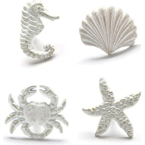 Lot de 4 boutons de tiroir en fonte Primst Beach, motif océan, hippocampe, étoile de mer, crabe et coquillage (blancs), pour tiroir, porte, commode, (1/5)