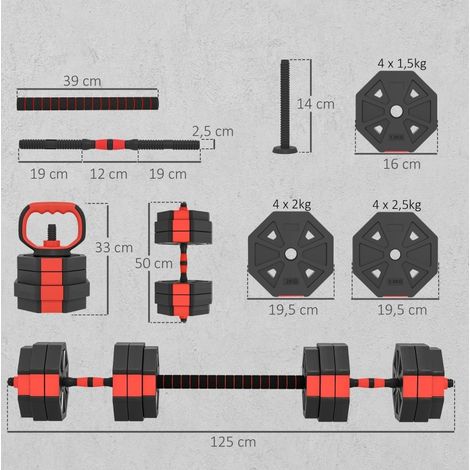 Kit manubri regolabili 4 in 1, barra lunga, kettlebell e supporto push-up, rosso HAVRYA (1/4)