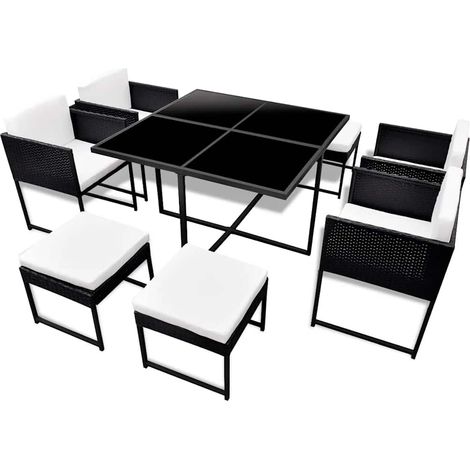 Set comedor de jardín 9 piezas y cojines ratán sintético negro vidaXL (1/5)