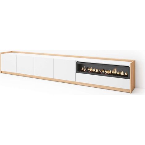 Mueble TV Estepona-02 de 310x50x37 cm con chimenea eléctrica, color blanco y roble soft (1/4)