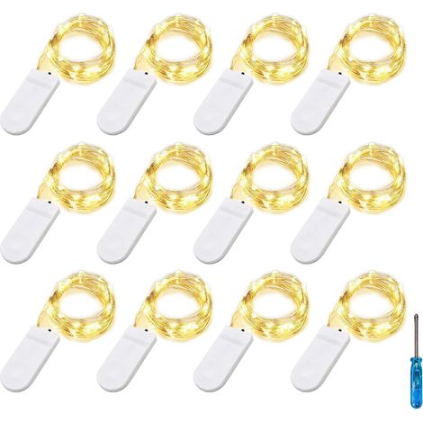 Lot de 12 Guirlande lumineuse, 20 LEDs, Fil d'argent, Pile CR2032, Intérieur Extérieur (1/5)