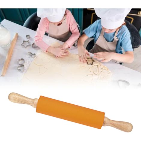 Rouleau à pâtisserie allongé en silicone avec manche en bois massif et surface antiadhésive, orange (1/5)