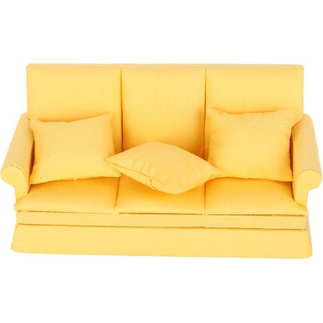 Canapé miniature 1:12 pour maison de poupée, avec 3 coussins, meuble de salon en bois, décoration intérieure, jaune. (1/5)