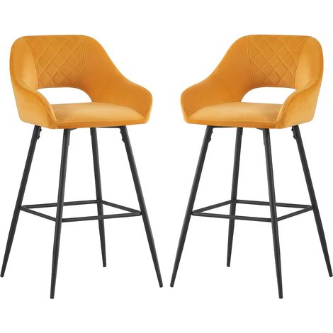 AINPECCA 2pcs Yellow Bar Stool Velvet Seat w/Backrest &Armrest Metal Leg Kitchen Breakfast