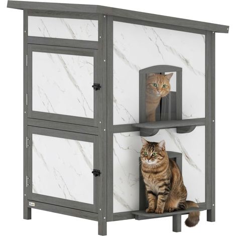 Maison extérieure pour chats en bois avec plusieurs entrées et fenêtres, étanche, dimensions 60 x 60 x 88 cm, blanc (1/5)