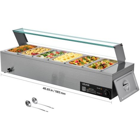 Calentador de Alimentos 1500 W, Eléctrico, Acero Inoxidable, con Vapor y Tapa de Cristal, 6 Bandejas de 1/3 de Tamaño, para Bufé, para Catering, Restaurantes y Fiestas, 1185 x 365 x 385 mm (1/5)