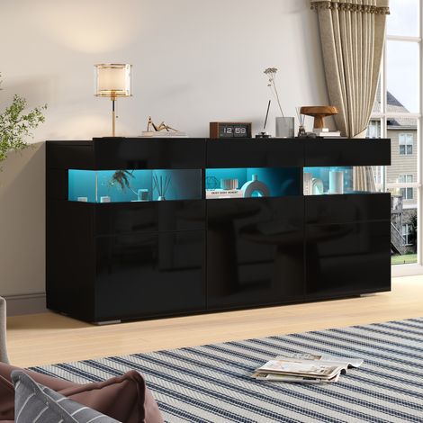 Buffet 140x40,5x66,5 cm noir, 3 portes, LED et zones acryliques, 7 rangements MEUBLIV (1/5)