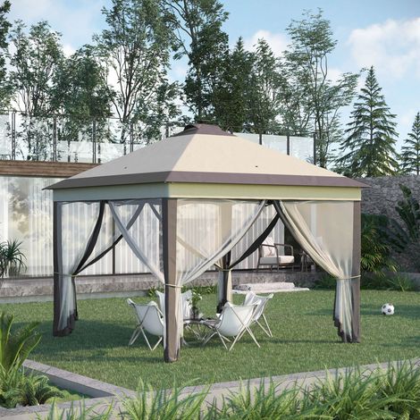 Gazebo pieghevole con luci a LED 3,3x3,3 m, gazebo da giardino con telecomando e 4 zanzariere, altezza regolabile, beige.