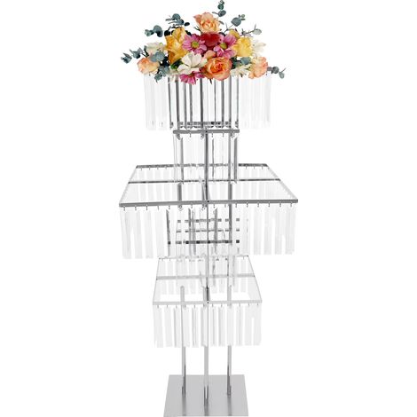 Présentoir floral argentée carré en métal à 5  niveaux avec pendentifs acryliques, support à fleurs sur pied, centre de table, décoratif colonne pour mariage, réception et fête - hauteur 125cm (1/5)