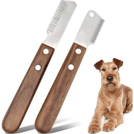 2 teiliges Zupfmesser Set für Haustiere Klingen aus Edelstahl mit Holzgriffen Für Unterwolle und loses Haar