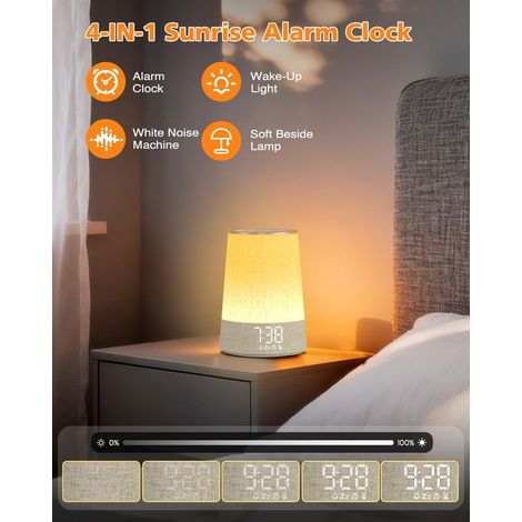 Sonnenaufgangssimulator-Wecker, Wecklicht mit 7 Alarmen, 30 Naturgeräuschen, Schlummerfunktion, Timer, LED-Nachttischlampe, 10 Helligkeitsstufen, Nachtlicht für Kinder und Erwachsene (1/4)
