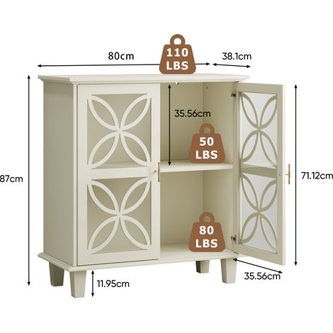 Buffet étagères réglables meuble salle de bain indépendant portes verre trempé console cuisine rétro rangement décoratif deux portes crème.