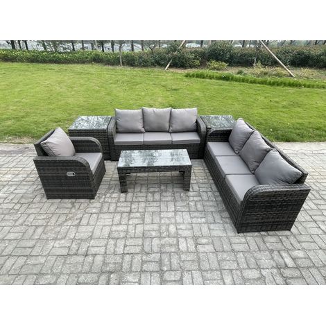 Fimous Polyrattan Sofa Set 7-Sitzer Terrassen Gartenmöbelset mit 2 Beistelltischen Liegestühle Couchtisch Dunkelgrau Gemischt (1/5)